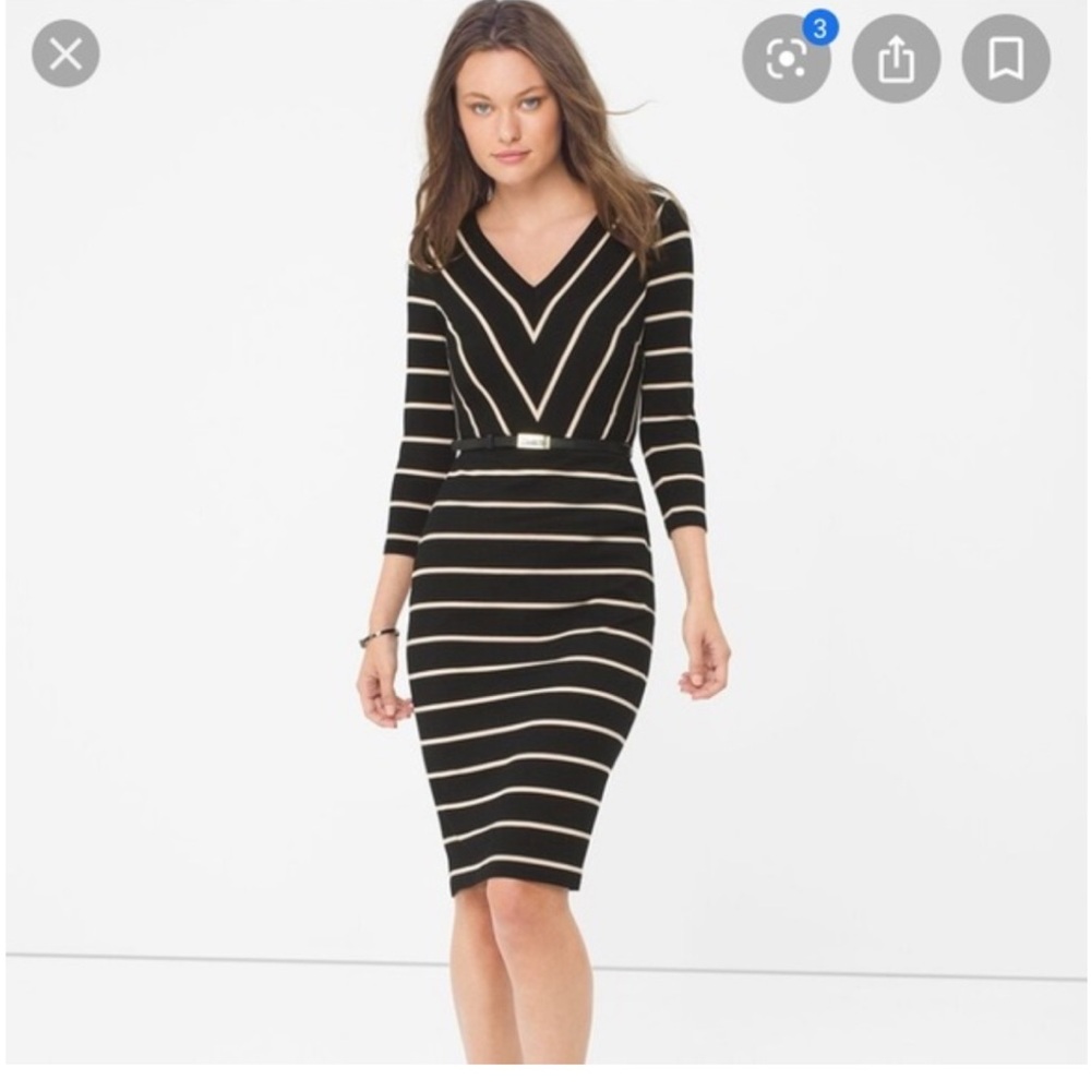 White House Black Market Black and Cream Striped Long Sleeve Sheath Dress